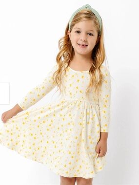 Alice + Ames Cream Dress with Yellow Star Print - 3/4 Sleeve Twirl Dress